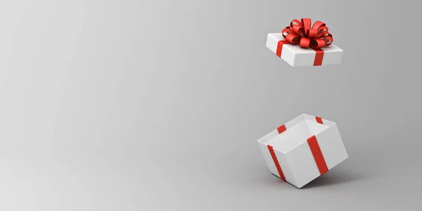 空白白色礼品盒打开或礼品盒与红色缎带和弓隔离在白色灰色背景与阴影和空白空间最小的概念3D渲染 — 图库照片