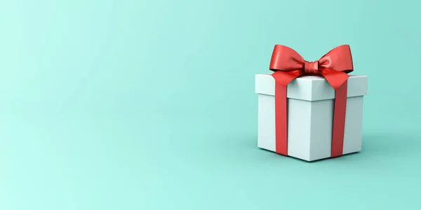 带有红色缎带和弓形或白色礼品盒的礼品盒 用浅蓝色绿色彩绘 空白空间渐变背景最小概念3D渲染 — 图库照片