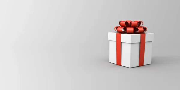 白色礼品盒 红色缎带和蝴蝶结或白色礼品盒 灰色背景隔离 空白渐变空间最小概念3D渲染 — 图库照片