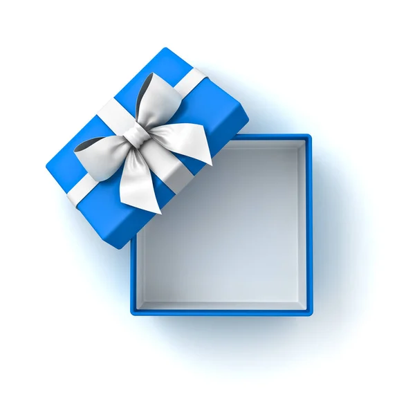 空白蓝色礼品盒或带有白色缎带的开放式蓝色礼品盒顶部视图 背景白色 阴影最小 3D渲染 — 图库照片