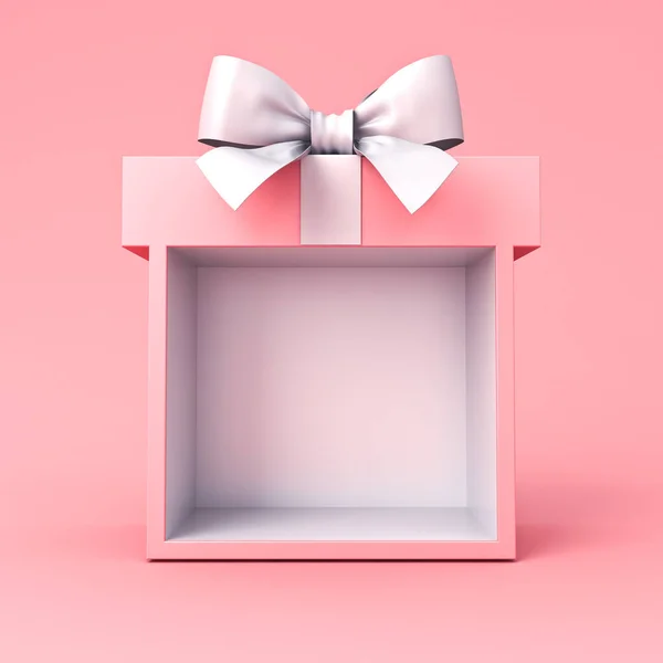 Blank pink gift box product display showcase or blank exhibition booth gift box mock up stand with white ribbon bow isolated on light pink pastel color background minimal conceptual 3D rendering