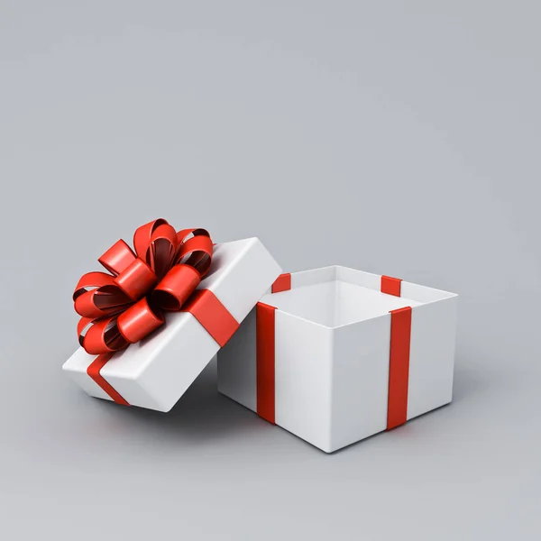 Λευκό Λευκό Κουτί Δώρου Ανοιχτό Ανοιχτό Κουτί Δώρου Κόκκινες Κορδέλες — Φωτογραφία Αρχείου