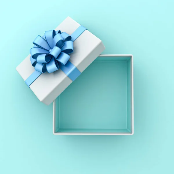 空白打开的白色礼品盒 里面是青色蓝色底色或顶部是蓝色缎带打开的礼品盒 在浅蓝色彩绘背景下与蝴蝶结隔离 — 图库照片