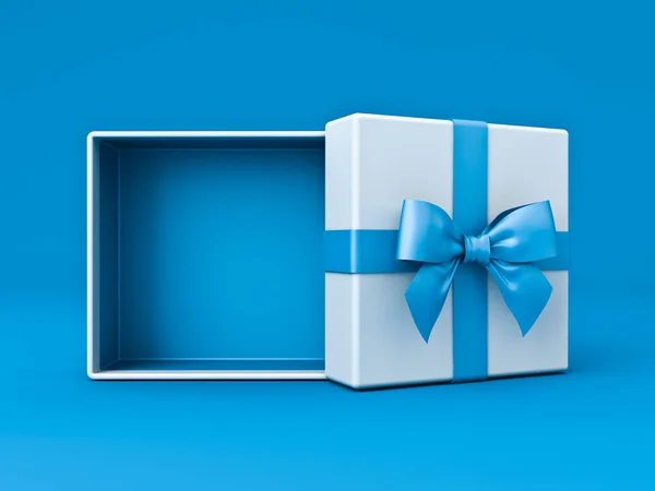 空白处打开蓝色底色礼品盒 或打开蓝色缎带礼品盒 在蓝色背景下与蓝色背景隔离 阴影最小3D渲染 — 图库照片
