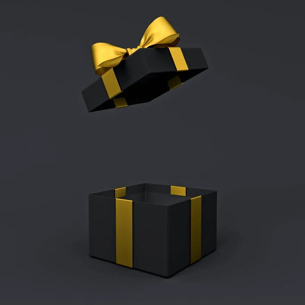 Leere Offene Schwarze Geschenkschachtel Oder Geöffnete Schwarze Geschenkschachtel Mit Goldenen — Stockfoto