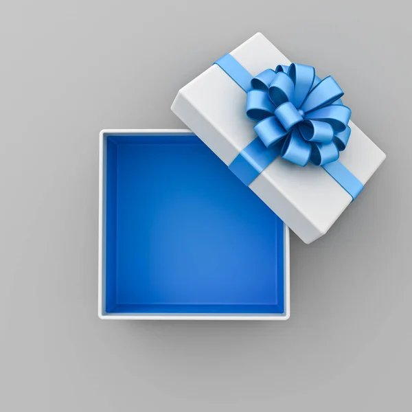 空白开放的白色礼品盒的顶部视图 里面是蓝色底色 或者是蓝色礼品盒 蓝色缎带 灰色背景的弓形 阴影最小3D渲染 — 图库照片