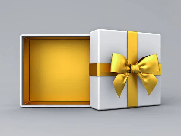 Kotak Putih Sekarang Terbuka Dengan Kotak Bawah Emas Kosong Atau — Stok Foto