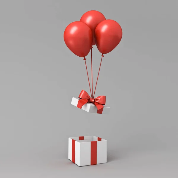 ギフトボックスのふたを開いたり 赤いリボンボウで白いプレゼントボックスを開いたり 影3Dレンダリングで灰色の背景に隔離された赤いバルーン — ストック写真