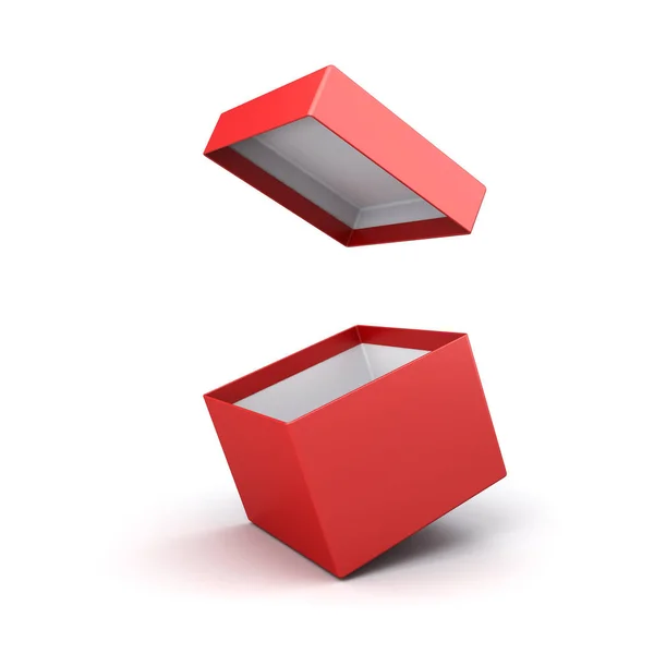 白い背景で隔離された空白の開いた赤いボール紙箱か赤い現在の箱は概念3Dレンダリングを最小にします — ストック写真
