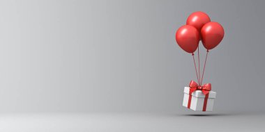 Kırmızı kurdeleli beyaz hediye kutusu ya da gri arkaplanda izole edilmiş kırmızı balonlar ve gölgeli ve boş alan 3D görüntüleme