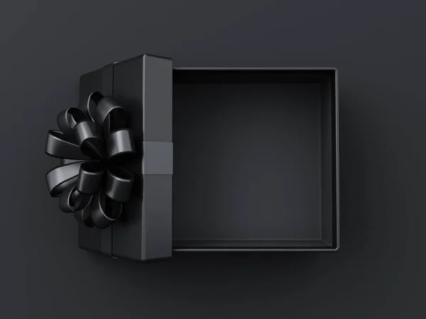 Blank open black present box or top view of opened black gift box with black ribbons and bow isolated on dark background with shadow minimal black friday sale concept 3D rendering