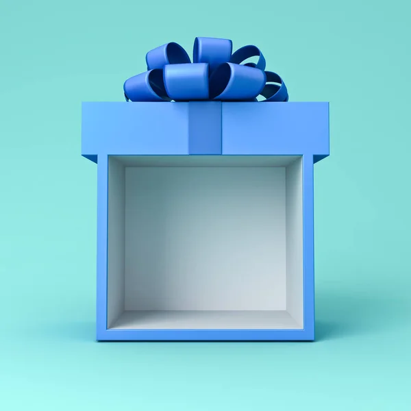 空白蓝色礼品盒展示模型架蓝带弓隔离在蓝色彩绘背景与阴影最小的概念3D渲染 — 图库照片