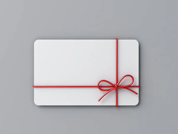 赤いロープのリボンボウが付いている空白の最小の白いギフト カードは影の最小限の概念3Dレンダリングと灰色の背景で隔離しました — ストック写真