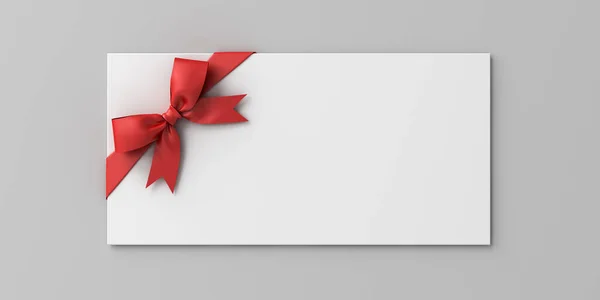 赤いリボンの弓または影の最小限の概念的な3Dレンダリングと灰色の背景で隔離された空のギフトの看板が付いている白いギフト券 — ストック写真