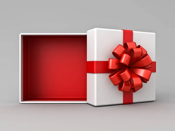White gift box open with blank red bottom box or opened present box tied with red ribbon and bow isolated on gray white background with shadow minimal creative idea conceptual 3D rendering
