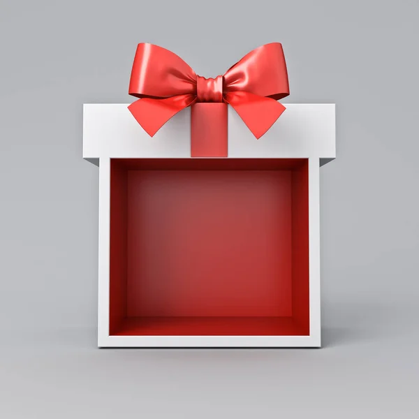 空白红色礼品盒展位模拟摊位或礼品陈列 红色缎带弓与灰色背景隔离 概念上最小3D渲染 — 图库照片