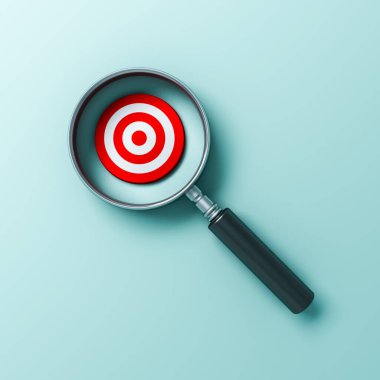 Büyütücü cam odak noktası hedef pazar hedef iş kavramları Cyan yeşil pastel renk arkaplan izole gölge minimal kavramsal 3D görüntüleme