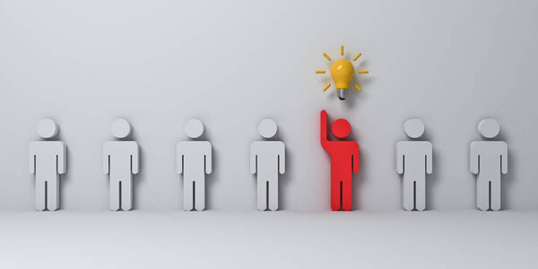 Выделиться из толпы и различных концепций Один красный человек поднимает руку с желтой лампой идея amongs другие белые люди на белом фоне серой стены с тенями 3D рендеринга