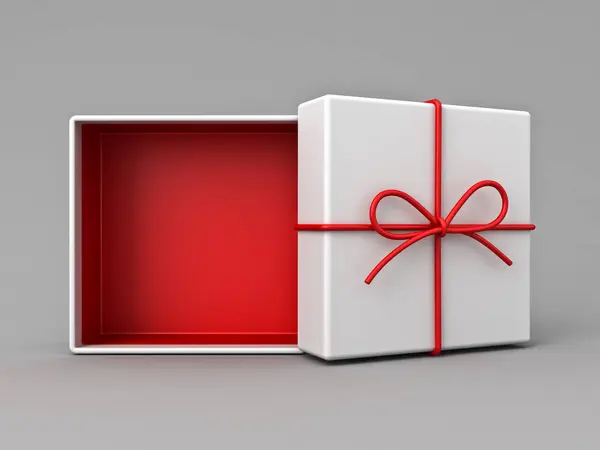 Minimální Bílá Dárková Krabička Otevřená Prázdnou Červenou Spodní Krabičkou Uvnitř — Stock fotografie