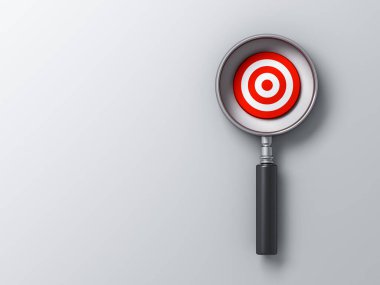 Büyütücü cam odak noktası hedef pazar iş hedefi kavramları beyaz gri arkaplan üzerinde izole edilmiş boş alan minimum kavramsal 3D görüntüleme