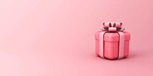 Minimal pink pastel color gift box or present box with pink ribbon bow isolated on light pink background with empty space minimalist conceptual 3D rendering