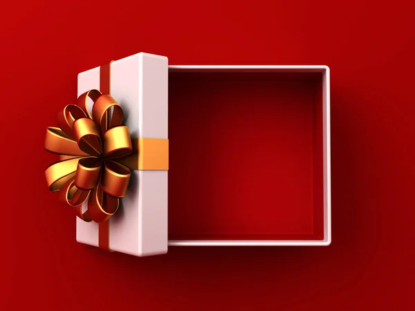 Blank gold ribbon bow gift box open or top view of white present box tied with golden bow isolated on dark red background with shadow minimal conceptual 3D rendering