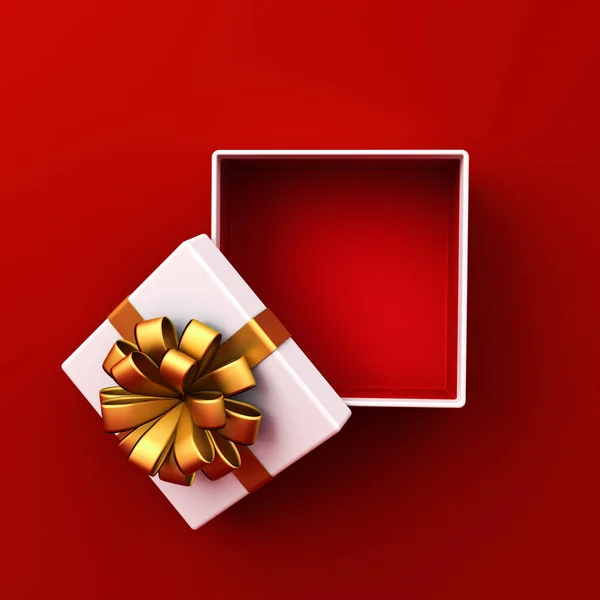 Top view of white red present box tied with golden ribbon bow or blank gold ribbon bow gift box open isolated on dark red background with shadow minimal conceptual 3D rendering