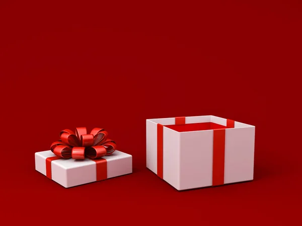 Blank white gift box open or opened white present box and top lid tied with red ribbon bow isolated on dark red background with shadow minimal conceptual 3D rendering