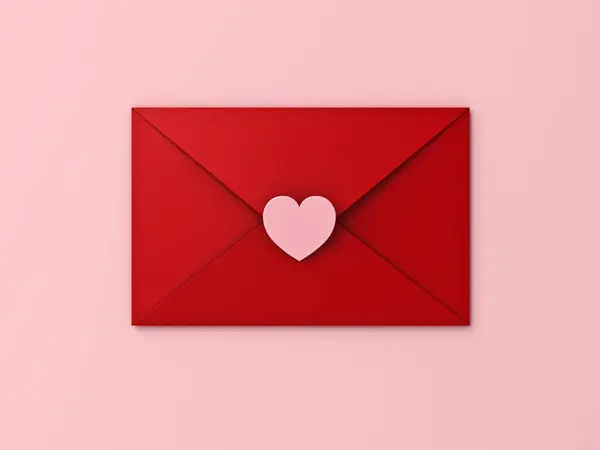 Love letter concept red envelope with pink love heart sticker isolated on pink pastel color background with shadow minimal conceptual for valentines day 3D rendering