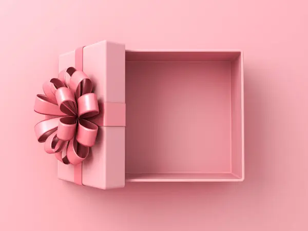 Blank pink gift box open or top view of present box tied with pink ribbon bow isolated on pink pastel color background with shadow minimal conceptual 3D rendering