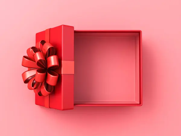 Blank red gift box open or top view of red present box tied with red ribbon bow isolated on pink pastel color background with shadow minimal conceptual 3D rendering