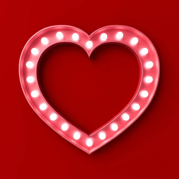 Blank retro pink love heart sign billboard with glowing neon light bulbs isolated on dark red wall background minimal conceptual 3D rendering