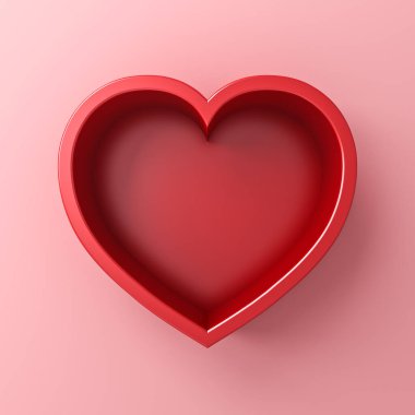Boş kırmızı aşk kalp şekilli çerçeve kutusu. Pembe pastel renkli duvar arkaplanı üzerinde izole edilmiş. Düşük kavramsal 3D görüntüleme.