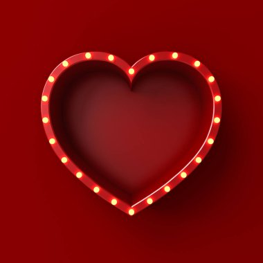 Boş kırmızı aşk kalp şeklinde işaret panosu. Parlayan sarı neon ampuller koyu kırmızı duvar arka planında izole edilmiş. Gölge minimum kavramsal 3 boyutlu.