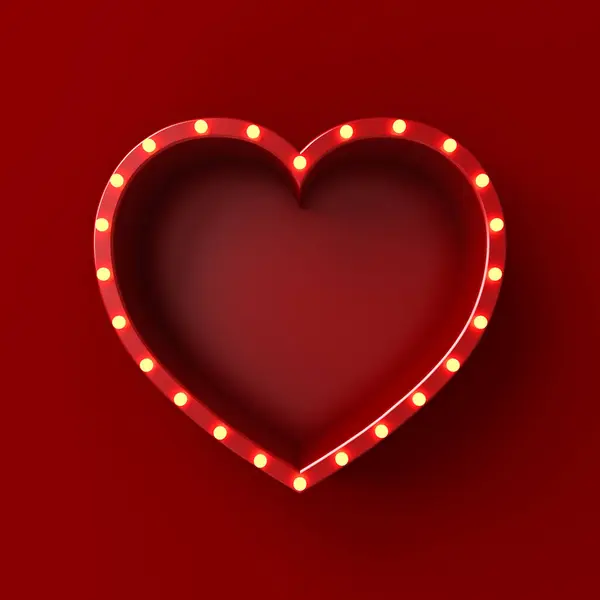 浅红色的爱情心形广告牌 带有发光的黄色霓虹灯泡 隔离在暗红色墙的背景下 阴影最小 概念三维渲染 免版税图库照片