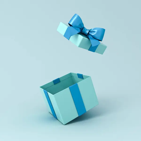 Blue gift box open or blank present box with blue ribbon and bow isolated on light blue or cyan background with shadow minimal concepts 3D rendering