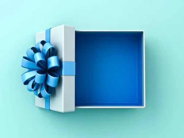 青い底が付いている空白の開いた白いギフト用の箱か青いリボンが付いている開いた現在の箱のトップビューはライトブルーのパステル色かシアン背景の最小限の概念3Dレンダリングで隔離しました ストック画像