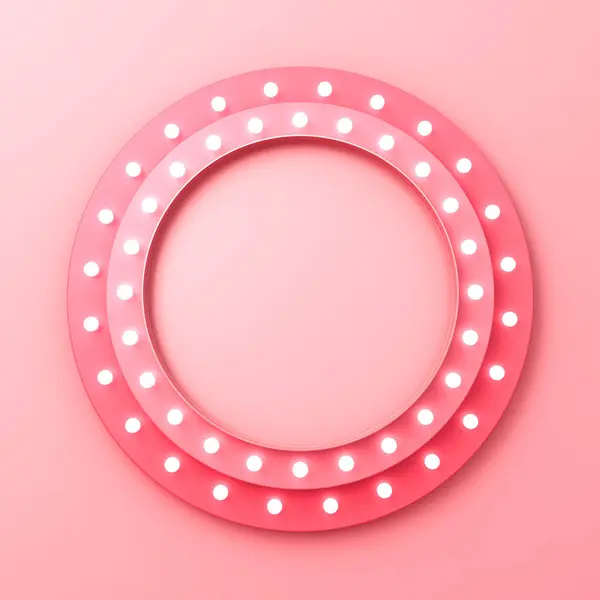 粉红复古圆形标志广告牌与霓虹灯灯泡框架隔离在粉红色橙色彩色墙背景与阴影最小概念3D渲染 免版税图库图片