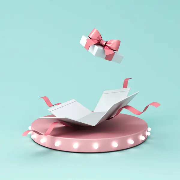 带粉红缎带的空白甜蜜礼品盒或开着的礼品盒 在粉色礼品台底座或平台上的蝴蝶结 带有发光的复古霓虹灯泡 蓝色彩绘背景最小的概念3D渲染 免版税图库照片