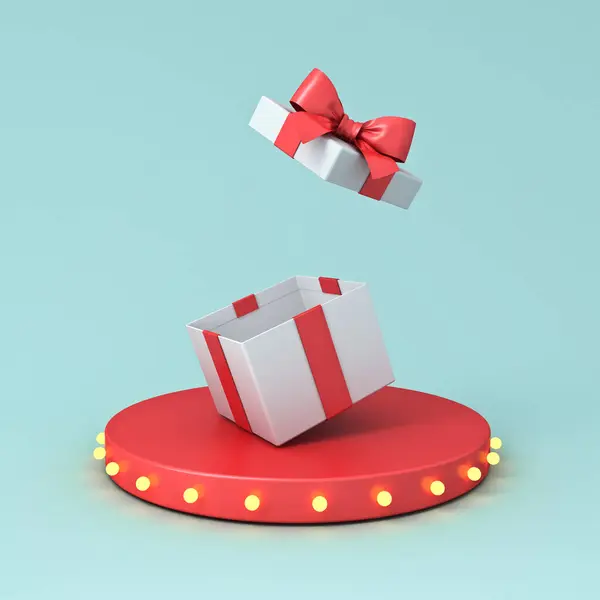 带红色缎带的空白礼品盒或开着的礼品盒 在红色讲台底座或平台上鞠躬 带有发光的复古霓虹灯灯泡 浅蓝色彩绘背景最小的概念3D渲染 图库图片