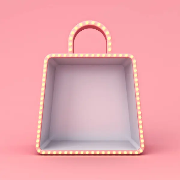 空白购物袋产品展示台与黄色复古灯泡隔离在粉红彩绘背景下最小创意概念3D渲染 图库照片