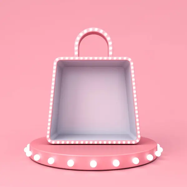 Leere Einkaufstasche Produktdisplay Vitrine Stand Mit Weiß Leuchtenden Neon Glühbirnen Stockbild