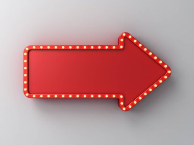 Eskimiş sarı neon lambalı boş kırmızı ok tabelaları koyu beyaz duvar arka planında izole edilmiş gölge yaratıcı fikir kavramları 3D