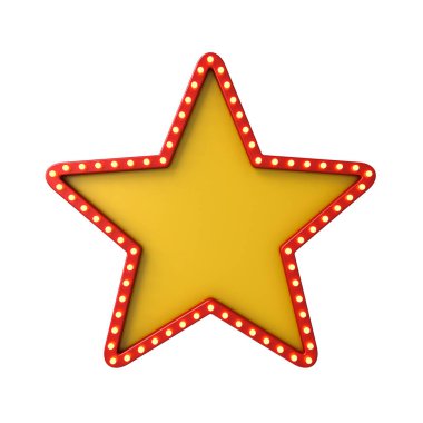 Beyaz arkaplanda izole edilmiş retro neon lambalı boş sarı yıldız işareti