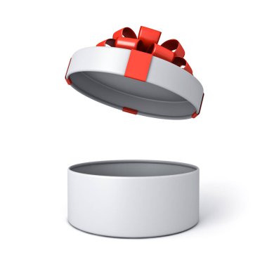 Asgari beyaz yuvarlak mevcut kutu kırmızı kurdele ve yay ya da açmak boş silindir hediye kutusu ürün modelleme beyaz arkaplan üzerinde izole gölge yaratıcı fikir 3D görüntüleme