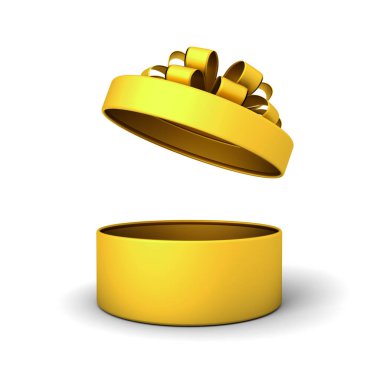 Tüm altın yuvarlak mevcut kutu altın kurdele ve pruva kapağı açık veya boş silindir altın hediye kutusu beyaz arkaplan üzerinde izole gölge yaratıcı fikir kavramları 3D görüntüleme