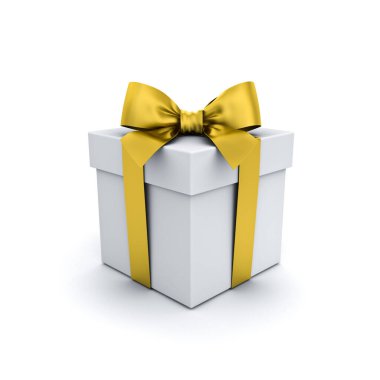 Beyaz hediye kutusu altın kurdele yayı ya da lüks altın hediye kutusu ile bağlanmış. Beyaz arka planda izole edilmiş ve en düşük konsept 3D görüntülenmiş.