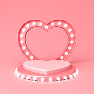 Boş aşk kalp şekli pembe podyum kaidesi retro beyaz neon ampuller ya da pembe pastel arka planda izole edilmiş beyaz sevgililer günü ürünü sahne gölgesi en düşük konsept 3D görüntüleme