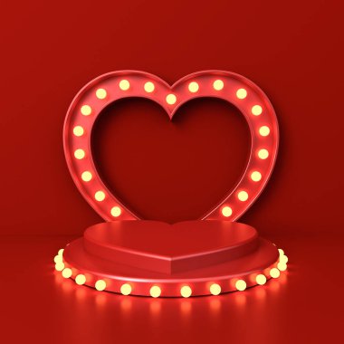 Boş kırmızı aşk kalp şeklinde podyum kaidesi retro sarı neon ampuller ya da boş sevgililer günü ürün sahnesi koyu kırmızı zemin üzerinde yansımaları yaratıcı fikir 3D görüntüleme