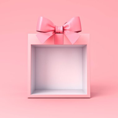 Boş kare hediye kutusu ürünleri, pembe pastel renk arkaplan üzerinde izole edilmiş pembe kurdele yayıyla vitrin tezgahını gösterir. En az yaratıcı fikirler kavramsal 3D oluşturur.